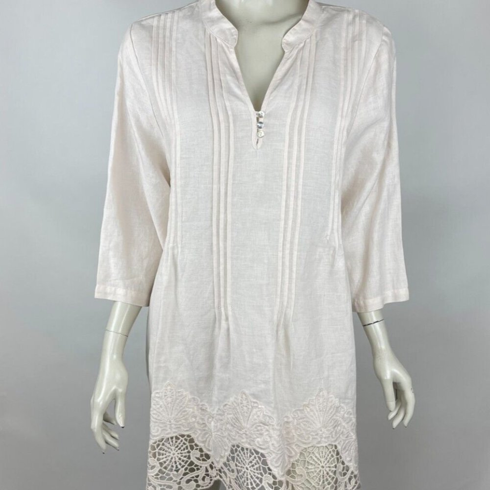 Symple NYC Flax Linen Tunic Women Embroidered Lace Hem 3/4Sleeve V-neck Top Pink